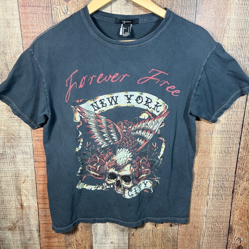 Forever 21 Gray NYC Eagle Skull Graphic Tee Rhinestone Edgy Grunge Small